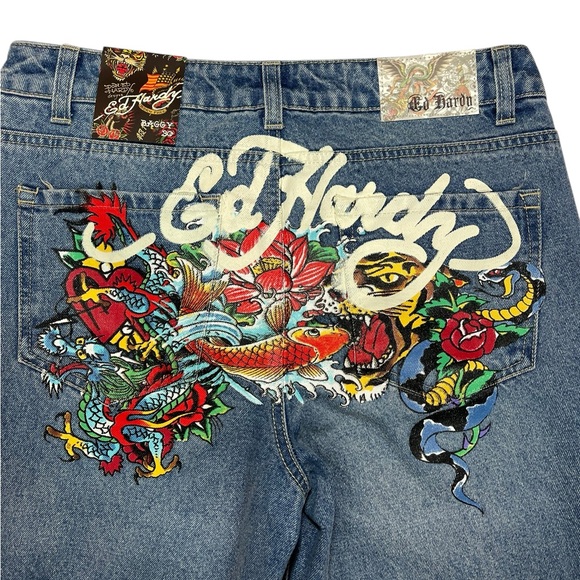 NEW Ed Hardy Tattoo Koi Baggy Jeans Y2K Paint Splatter Multicolor Womens Size 30 - Picture 14 of 16
